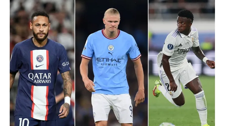 Getty Images/Koji Watanabe e Getty Images/Laurence Griffiths e Getty Images/Alex Grimm - Fotos com link e legenda 1: Neymar, Haaland e Vini Jr. estão de volta na Champions League