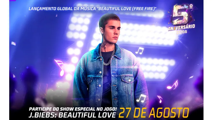 Free Fire celebra aniversário de 5 anos com Justin Bieber em 27 de agosto