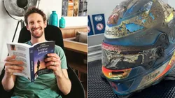 Romain Grosjean mostra capacete que usava no GP do Bahrein