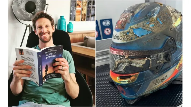 Romain Grosjean mostra capacete que usava no GP do Bahrein