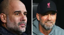 Foto 1: Pep Guardiola, técnico do Manchester City - Por: Clive Rose/Getty Images; Foto 2: Jurgen Klopp, treinador do Liverpool - Por: Angel Martinez/Getty Images