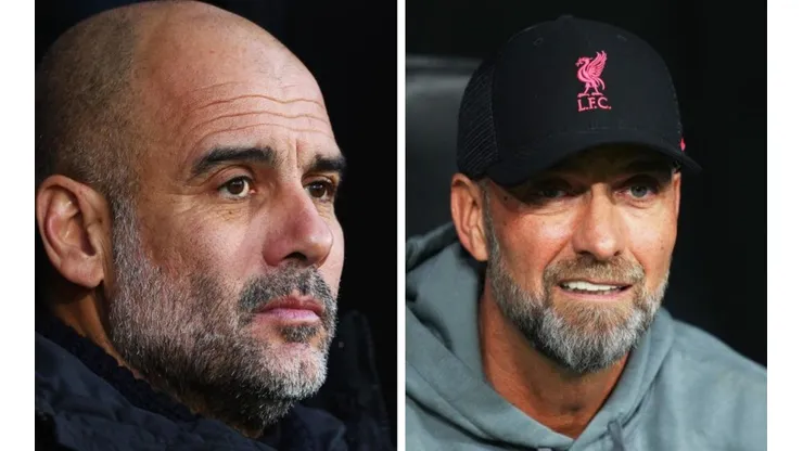 Foto 1: Pep Guardiola, técnico do Manchester City - Por: Clive Rose/Getty Images; Foto 2: Jurgen Klopp, treinador do Liverpool - Por: Angel Martinez/Getty Images