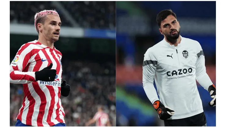 Foto 1: Griezmann, atacante do Atlético de Madrid - Por: Angel Martinez/Getty Images; Foto 2: Mamardashvili, goleiro do Valencia - Por: Angel Martinez/Getty Images
