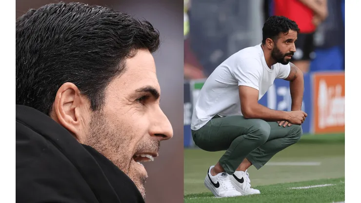 Mikel Arteta, técnico do Arsenal / Rúben Amorim, treinador do Sporting - Fotos: Ryan Pierse e Alex Grimm/Getty Images