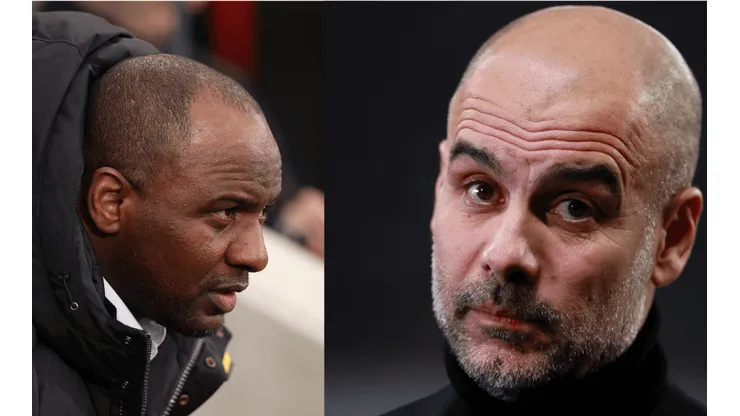 Foto: Patrick Vieira, treinador do Crystal Palace - Por: Ryan Pierse/Getty Images; Foto 2: Pep Guardiola, técnico do Manchester City - Por: Martin Rose/Getty Images