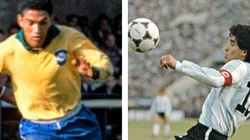 Foto Garrincha: Reprodução/Youtube - Foto Maradona: David Cannon/Allsport/Getty Images/Hulton Archive - Garrincha e Maradona jogaram em épocas distintas