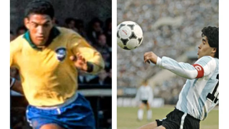Foto Garrincha: Reprodução/Youtube - Foto Maradona: David Cannon/Allsport/Getty Images/Hulton Archive - Garrincha e Maradona jogaram em épocas distintas