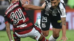 Camacho é derrubado por Matheuzinho em Flamengo x Santos — Foto: Ivan Storti/Santos FC
