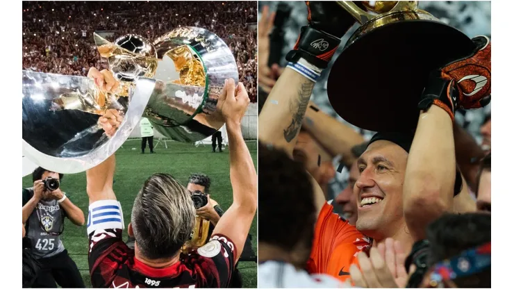 Foto: Bruno Baketa; Marcello Zambrana/AGIF - Flamengo e Corinthians levantando a taça do Campeonato Brasileiro