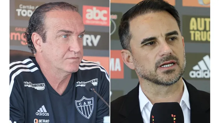 Fotos: Pedro Souza / Atlético / Divulgação - Cuca e Caetano: dupla discorda sobre planos do Galo para 2023