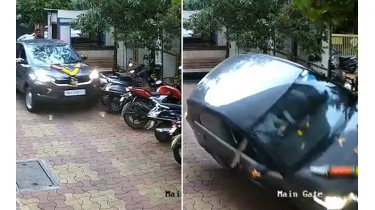 Carro quase capota ao passar por cima de motos na Índia