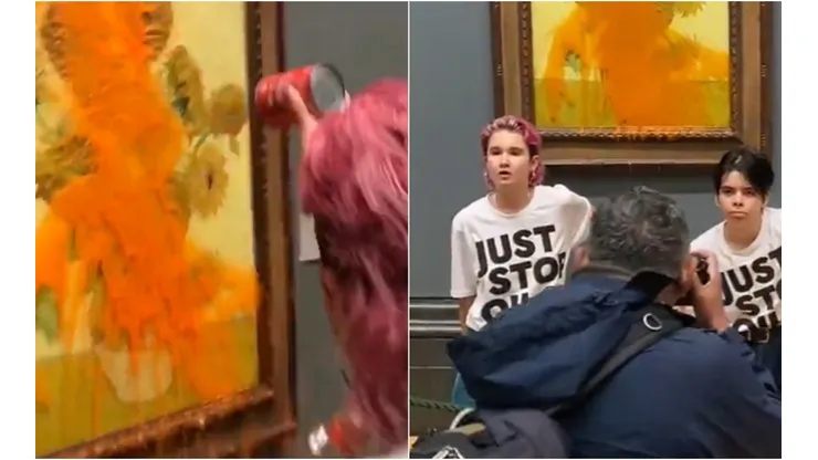 Ativistas jogam sopa de tomate em quadro de Van Gogh como protesto e se colam em parede de museu