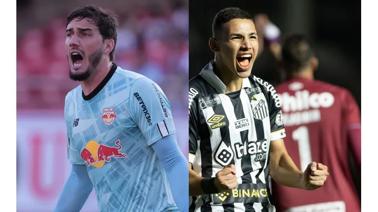 Cleiton pelo Red Bull Bragantino. Foto: Ettore Chiereguini/AGIF. Deivid Washington pelo Santos. Foto: Jorge Rodrigues/AGIF