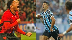 Vitor Roque pelo Athletico-PR. Foto: Gabriel Machado/AGIF Luis Suarez pelo Grêmio. Foto: Pedro H. Tesch/AGIF