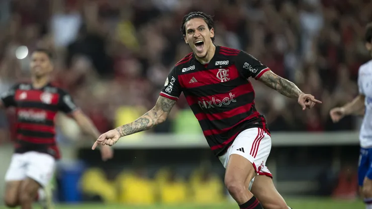 Pedro jogador do Flamengo comemora seu gol durante partida contra o Fortaleza no estadio Maracana pelo campeonato Brasileiro A 2024.