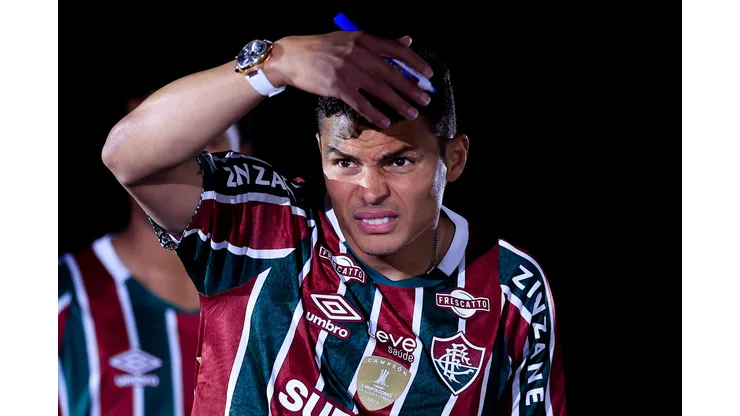 RIO DE JANEIRO, BRAZIL - JUNE 07: Brazilian defender Thiago Silva gestures during his presentation as new player of Fluminense at Maracana Stadium on June 07, 2024 in Rio de Janeiro, Brazil. (Photo by Buda Mendes/Getty Images)