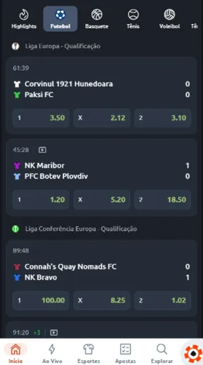 Versão mobile da Betano, com captura de tela de apostas em Futebol para Liga Europa - Qualificação e Liga Conferência Europa - Qualificação