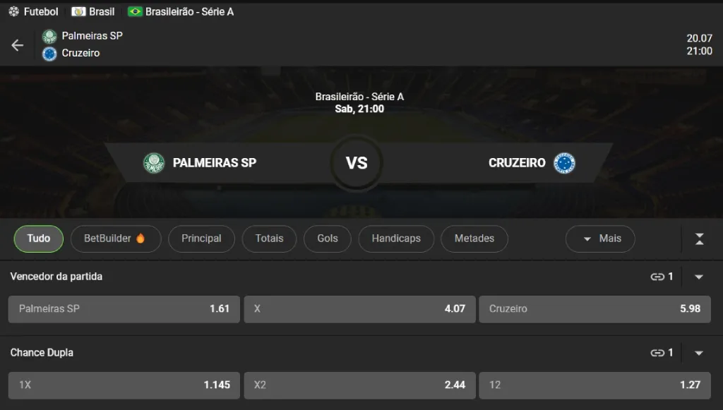 Captura de tela de possibilidade de aposta em Vencedor da Partida ou Chance Dupla para jogo Palmeiras vs Cruzeiro