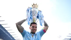 MANCHESTER, ENGLAND - MAY 19: Ederson of Manchester City. celebrates with the Premier League Trophy after their team's victory during the Premier League match between Manchester City and West Ham United at Etihad Stadium on May 19, 2024 in Manchester, England. (Photo by Justin Setterfield/Getty Images)