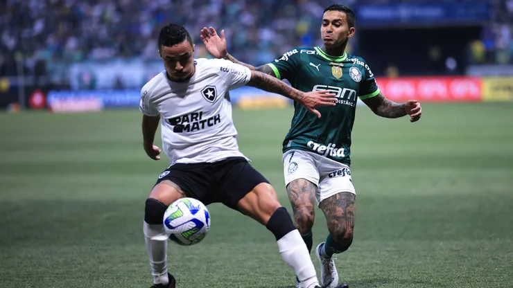 Dudu jogador do Palmeiras disputa lance com jogador do Botafogo durante partida no estadio Arena Allianz Parque pelo campeonato BRASILEIRO A 2023.