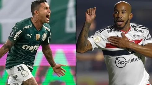 Ricardo Moreira/Getty Images; Andre Penner - Pool/Getty Images - Dudu do Palmeiras e Patrick do São Paulo