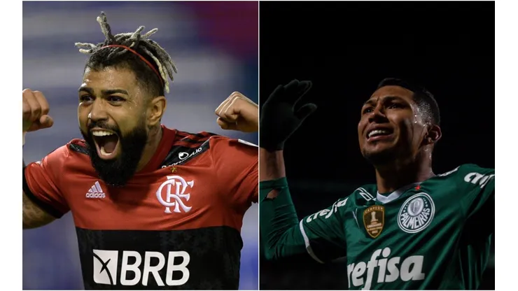 Foto: Gabriel Machado/AGIF; Juan Mabromata - Pool/Getty Images - Gabigol do Flamengo e Rony do Palmeiras