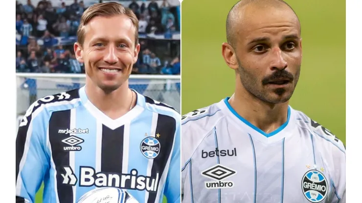 Foto: Lucas Uebel/Grêmio/Divulgação e Pedro Chaves/AGIF - Lucas Leiva e Thaciano: dupla está de volta ao Grêmio