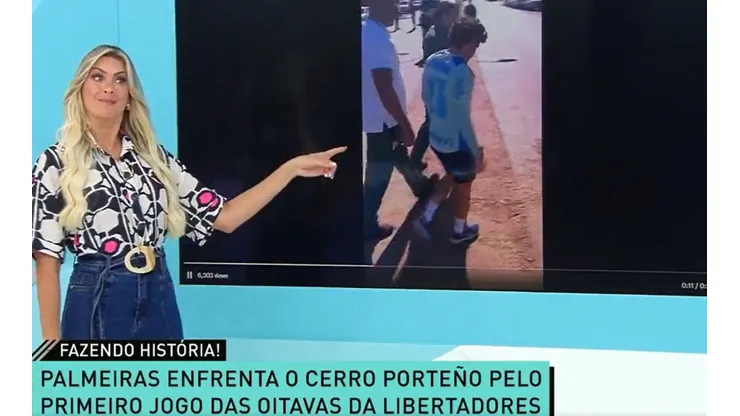 Foto: Reprodução/Band - Renata Fan mostra cena em que Veiga afirma a torcedor que será titular do Palmeiras contra Cerro