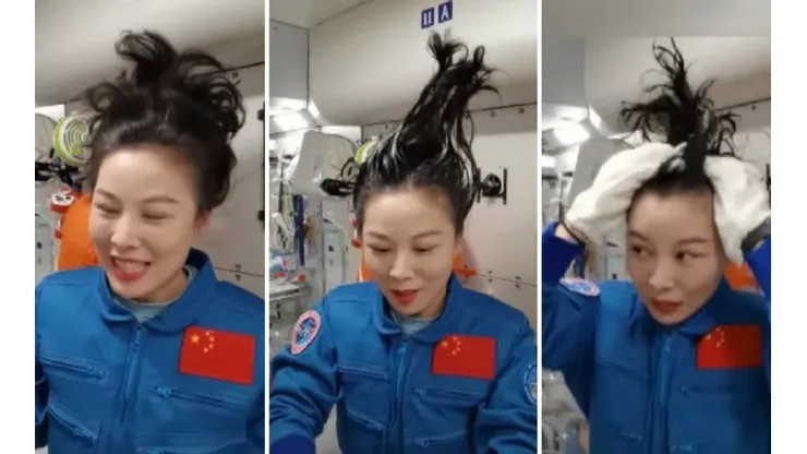 Astronauta chinesa mostra como lavar o cabelo no espaço - Imagem: Reprodução/CNSA – Estação Espacial Nacional da China