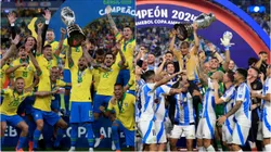 Seleção Brasileira e Argentina com títulos da Copa América. Foto: Bruna Prado/Buda Mendes/Getty Images