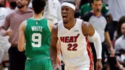 Jimmy Butler comemora pelo Miami Heat — Foto: Michael Reaves/Getty Images