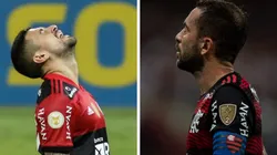 Fotos: Fernando Moreno e Thiago Ribeiro/AGIF - Arrascaeta e É. Ribeiro saíram de campo no Chile por lesões musculares