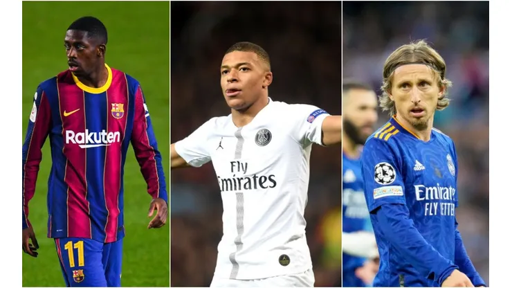 Foto: Jean Catuffe/Getty Images; David Ramos/Getty Images - Mbappe pelo PSG, Dembele pelo Barcelona e Modric pelo Real Madrid