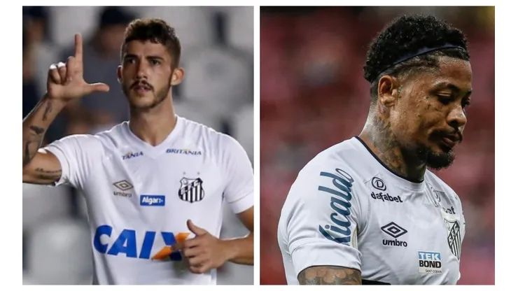 Gustavo Henrique e Marinho com a camisa do Santos (Foto: Paulo Paiva e Marcello Zambrana/AGIF)