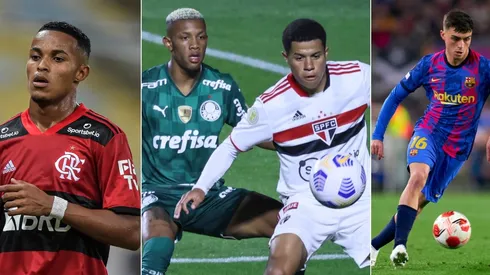 (Foto: Pedro Salado/Quality Sport Images/Getty Images; Foto: Thiago Ribeiro/AGIF; Foto: Marcello Zambrana/AGIF) - Lazaro, jogador do Flamengo; Danilo e Gabriel; Pedri no Barcelona