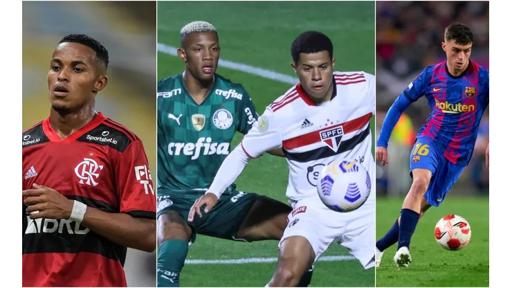 (Foto: Pedro Salado/Quality Sport Images/Getty Images; Foto: Thiago Ribeiro/AGIF; Foto: Marcello Zambrana/AGIF) - Lazaro, jogador do Flamengo; Danilo e Gabriel; Pedri no Barcelona