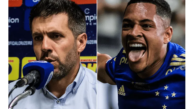 Fotos: Gustavo Aleixo/Cruzeiro/Divulgação - Pezzolano e Vitor Roque: técnico lamentou a saída do atacante