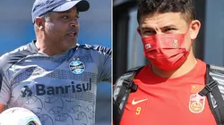 Fotos: Lucas Uebel/Grêmio/Divulgação e VCG/VCG via Getty Images/China - Roger e Elkeson: técnico abriu o jogo sobre a chegada do novo reforço