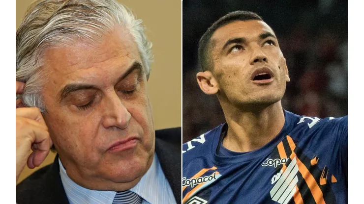 Fotos: Heuler Andrey/AGIF e Robson Mafra/AGIF - Petraglia e Santos: dirigente do Athletico se manifestou sobre goleiro, alvo do Fla no mercado