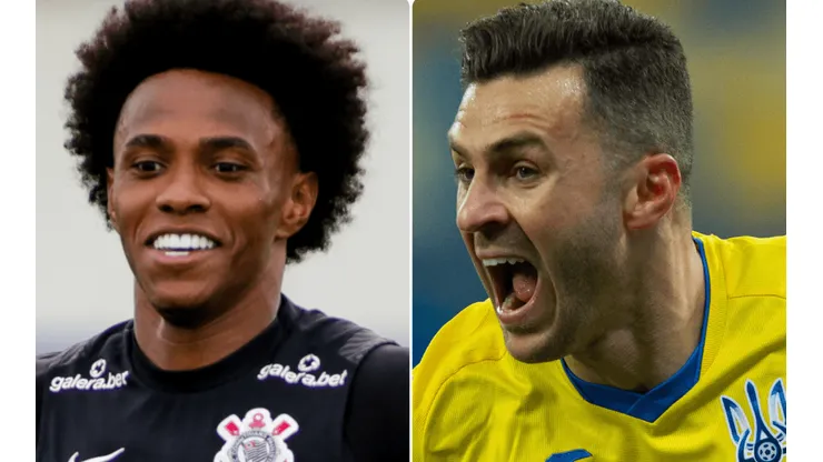Fotos: Rodrigo Coca/Ag. Corinthians/Divulgação e Stanislav Vedmid/DeFodi Images via Getty Images/Ucrânia - Willian e Júnior Moraes: conhecidos do futebol ucraniano
