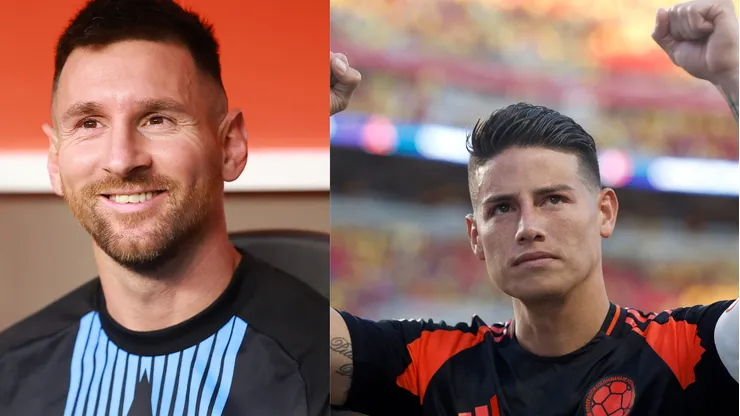 Messi e James Rodríguez na Copa América 2024 Foto 1: Hector Vivas Foto 2: Foto: Lachlan Cunningham/Getty Images)