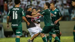 Foto: (Diogo Reis/AGIF) - Torcedores do São Paulo invadiram o gramado da Arena Barueri para tentar agredir os jogadores do Palmeiras