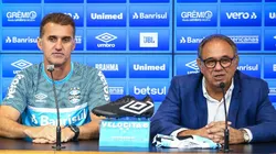 Foto: Lucas Uebel/Grêmio/Divulgação - Mancini e Abrahão: dirigente se manifestou sobre especulações no mercado da bola