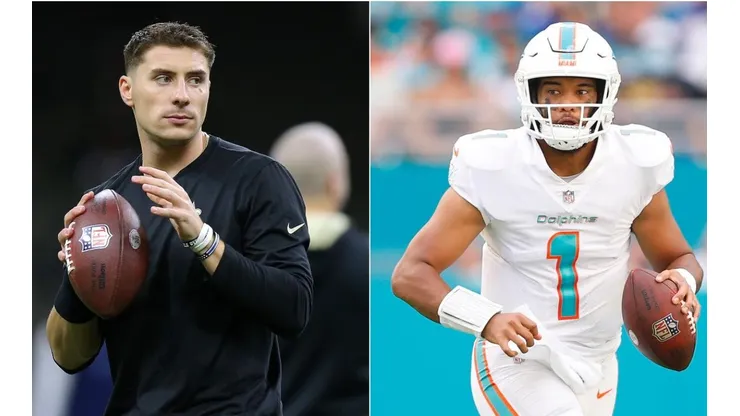 Ian Book tenta comandar um desfalcado Saints contra os Dolphins de Tua Tagovailoa no Superdome (Getty Images)