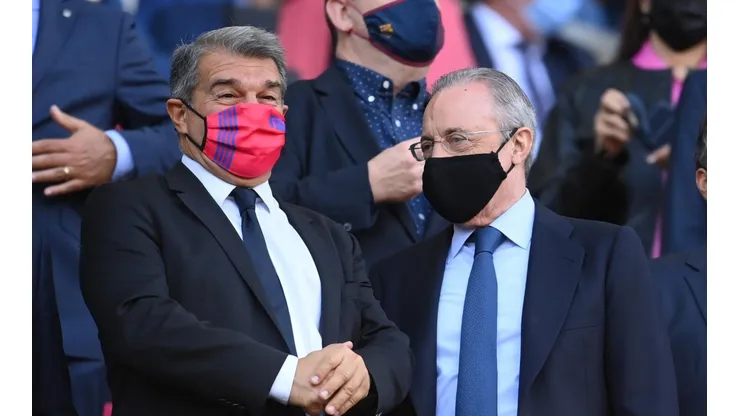 Foto: David Ramos / Getty Images | Joan Laporta, presidente do Barcelona e Florentino Perez, presidente do Real Madrid são contrários a nova parceria