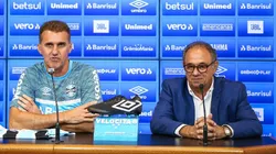 Foto: Lucas Uebel/Grêmio/Divulgação - Mancini e Dênis Abrahão: comissão técnica e diretoria devem afastar jogadores