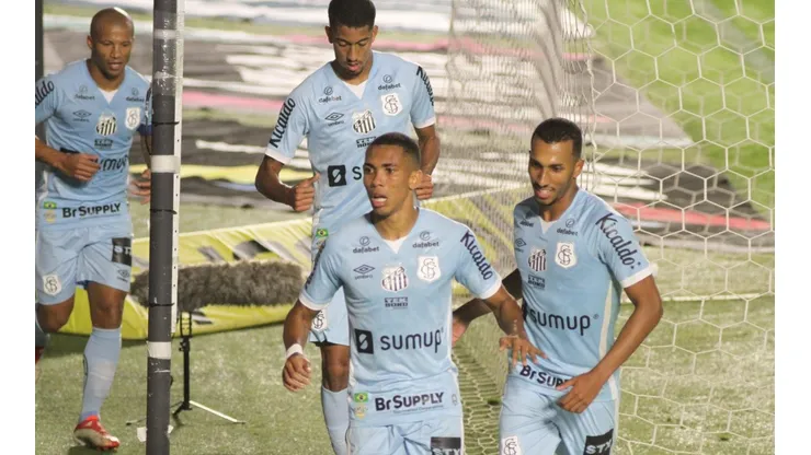 Jogadores do Santos comemoram gol contra a Juazeirense (Foto: Fernanda Luz/AGIF)