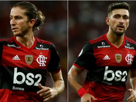 De Arrascaeta e Filipe Luís treinam no gramado, e devem reforçar o Flamengo em Guayaquil