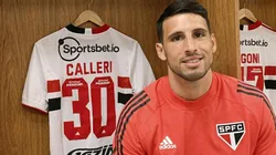 Calleri posa com a camisa 30 no vestiário do São Paulo (São Paulo/Reprodução)