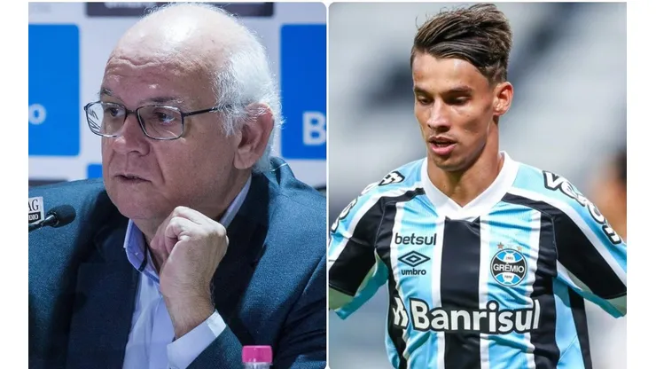 Bolzan e Ferreira: presidente não garante permanência de atacante (Fotos: Lucas Uebel/Grêmio/Divulgação)